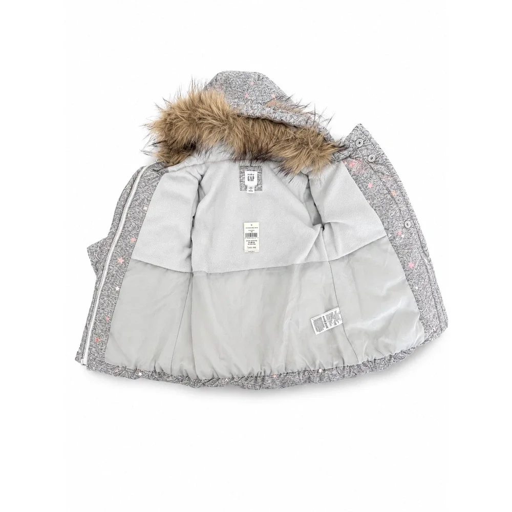 New Baby Gap Gray Rose Gold Star Puffer Jacket Faux Fur Hood 18-24 Mon